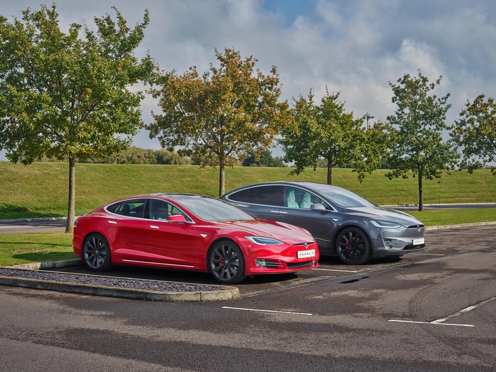 Tesla models X and S parked up next to each other
